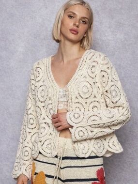 NEW POL Crochet Cardigan Cream Boho Cotton Knit Button Front Sweater Cottagecore